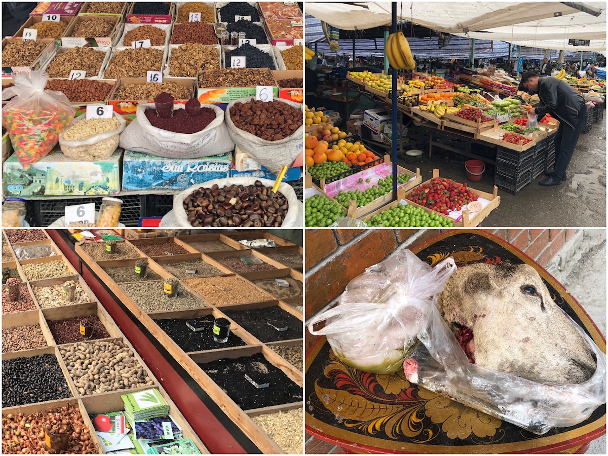 Pictures of fruit, nuts, and a sheep head